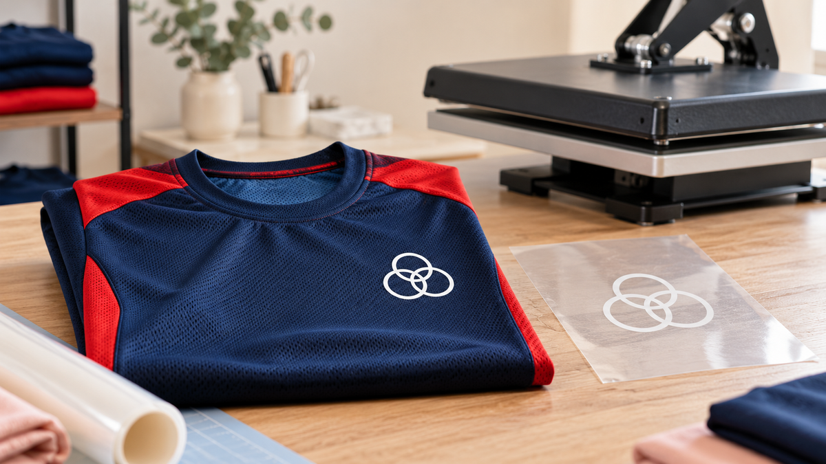 Polyester sports jerseys and clear DTF carrier film beside a heat press