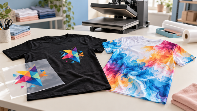 Dark cotton and white polyester shirts illustrating DTF and sublimation printing